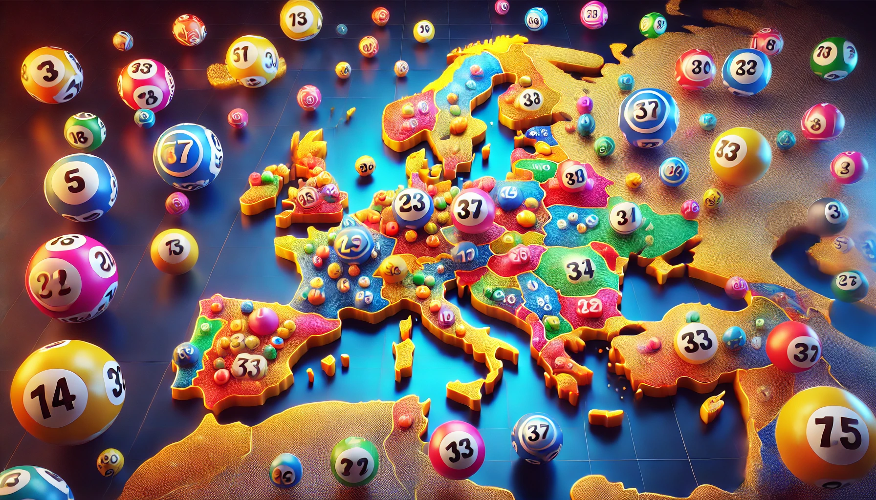 A vibrant image of the European continent with colorful lottery balls scattered all over the map. Each lottery ball features bold numbers, representin